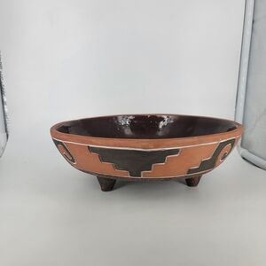 Vtg Hand Crafted Mexico Red Ware‎ Aztec Folk Art Pottery 9" Footed Bowl